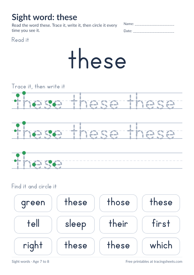 Preview of the printable sight word: these worksheet