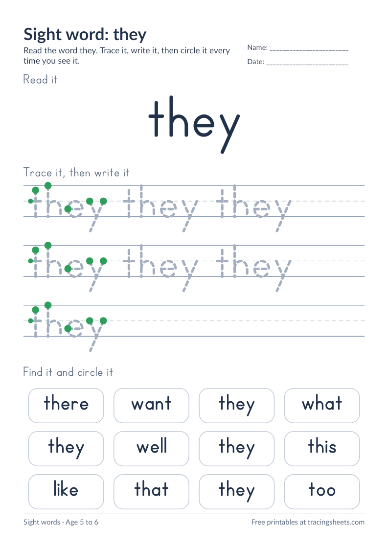 Preview of the printable sight word: they worksheet