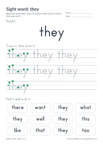 Preview of the sight word: they worksheet