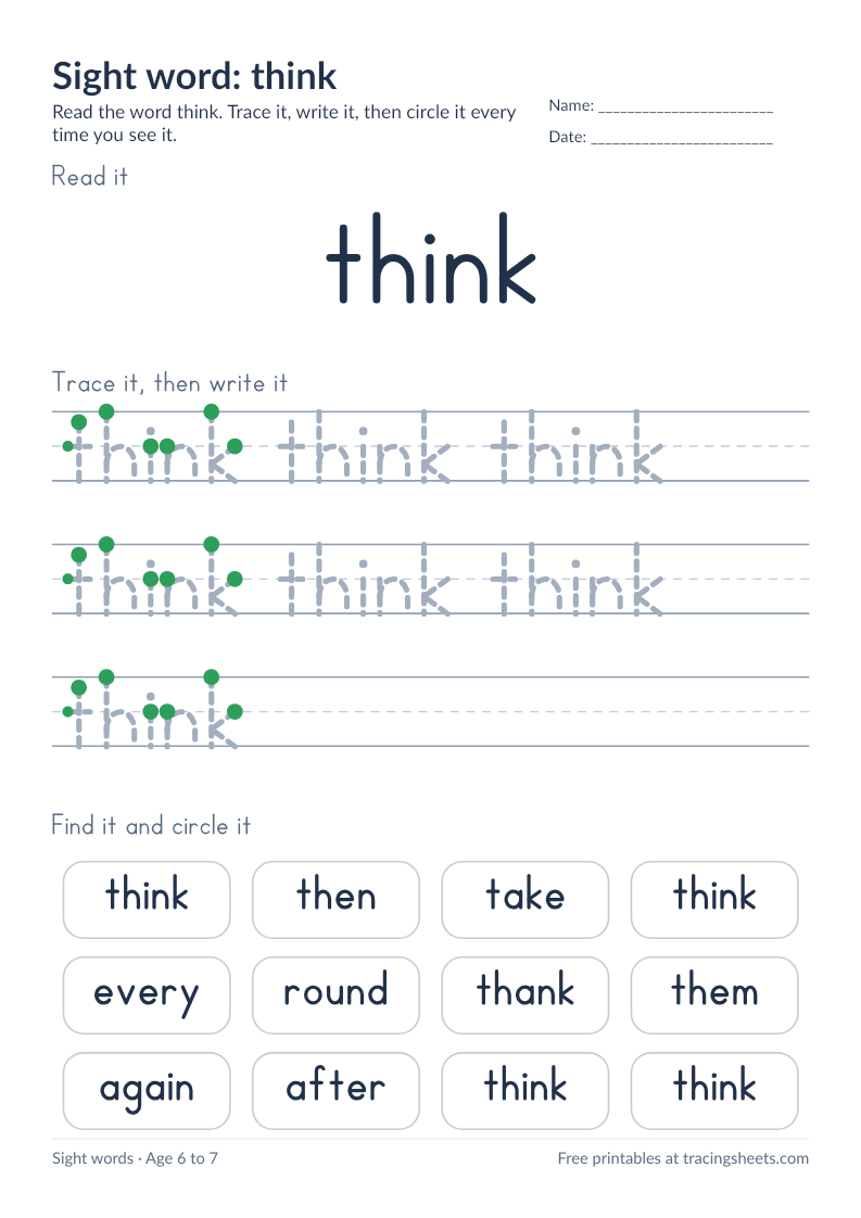 Preview of the printable sight word: think worksheet