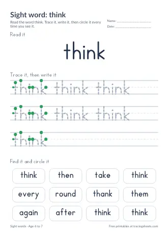Preview of the sight word: think worksheet