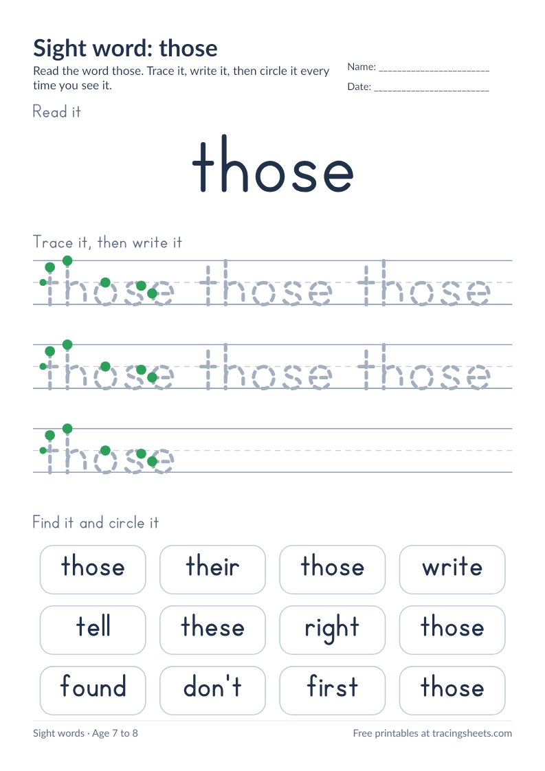 Preview of the printable sight word: those worksheet