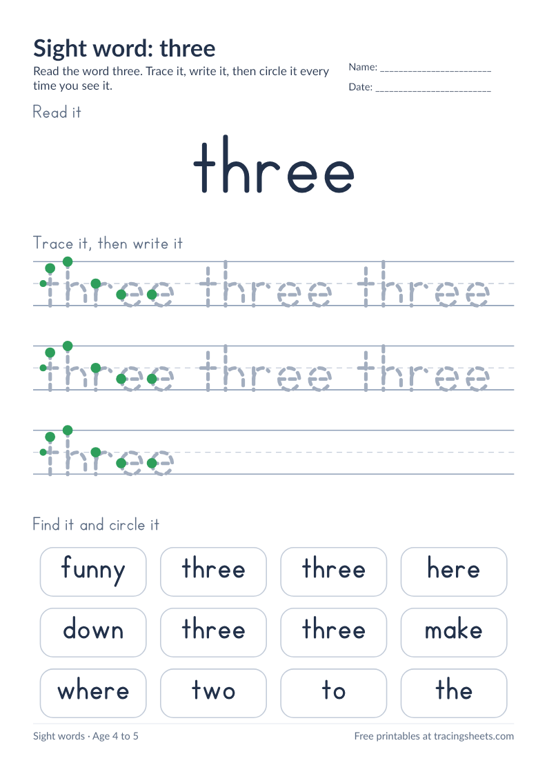 Preview of the printable sight word: three worksheet