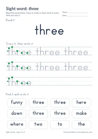 Preview of the sight word: three worksheet