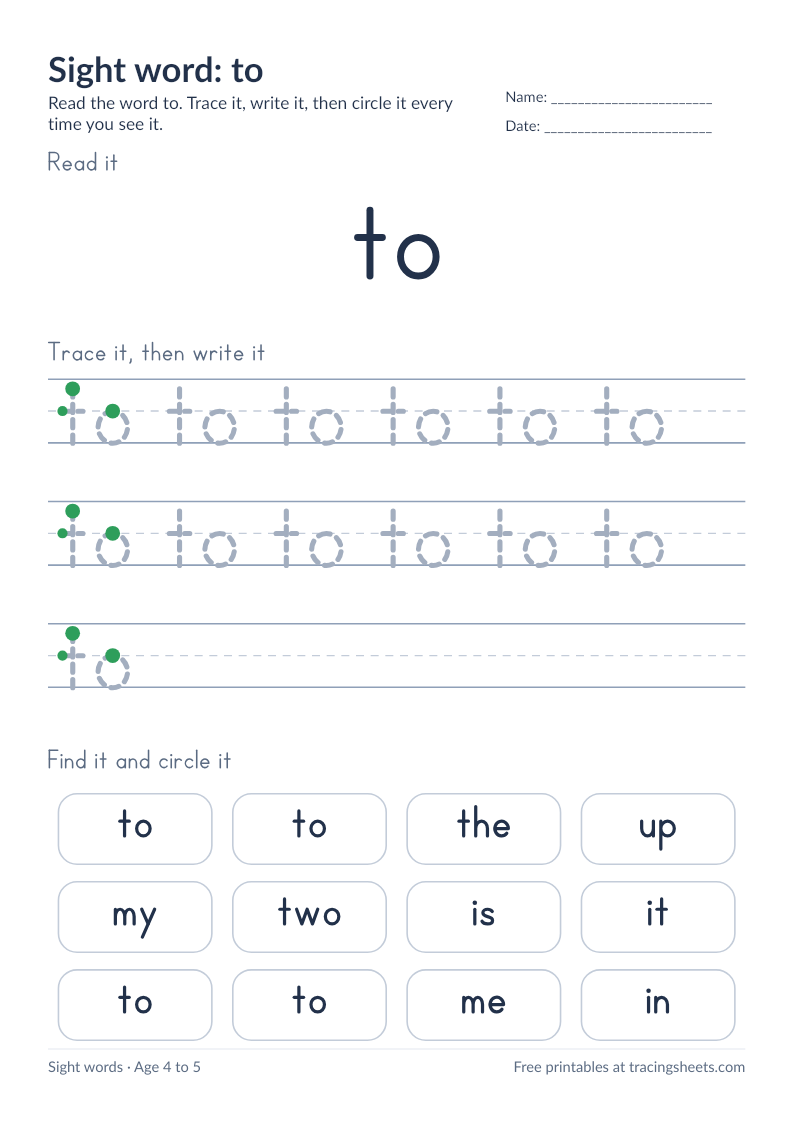 Preview of the printable sight word: to worksheet