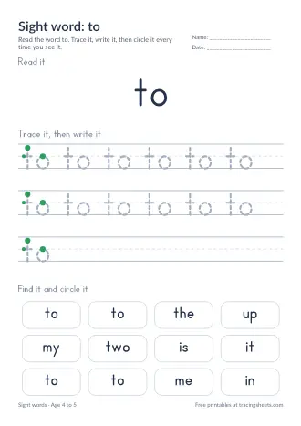 Preview of the sight word: to worksheet