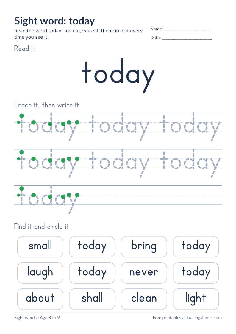 Preview of the printable sight word: today worksheet