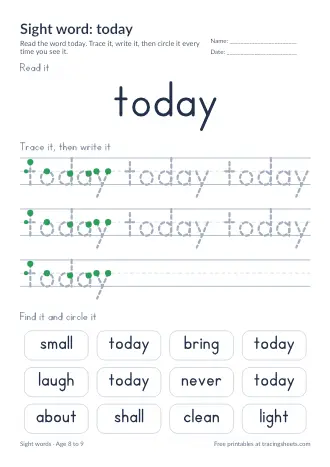 Preview of the sight word: today worksheet