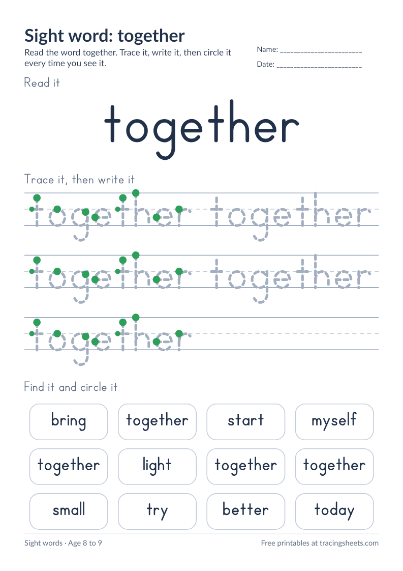 Preview of the printable sight word: together worksheet