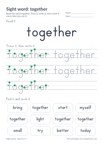 Preview of the sight word: together worksheet