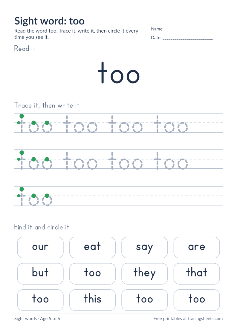 Preview of the printable sight word: too worksheet
