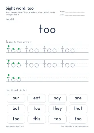 Preview of the sight word: too worksheet