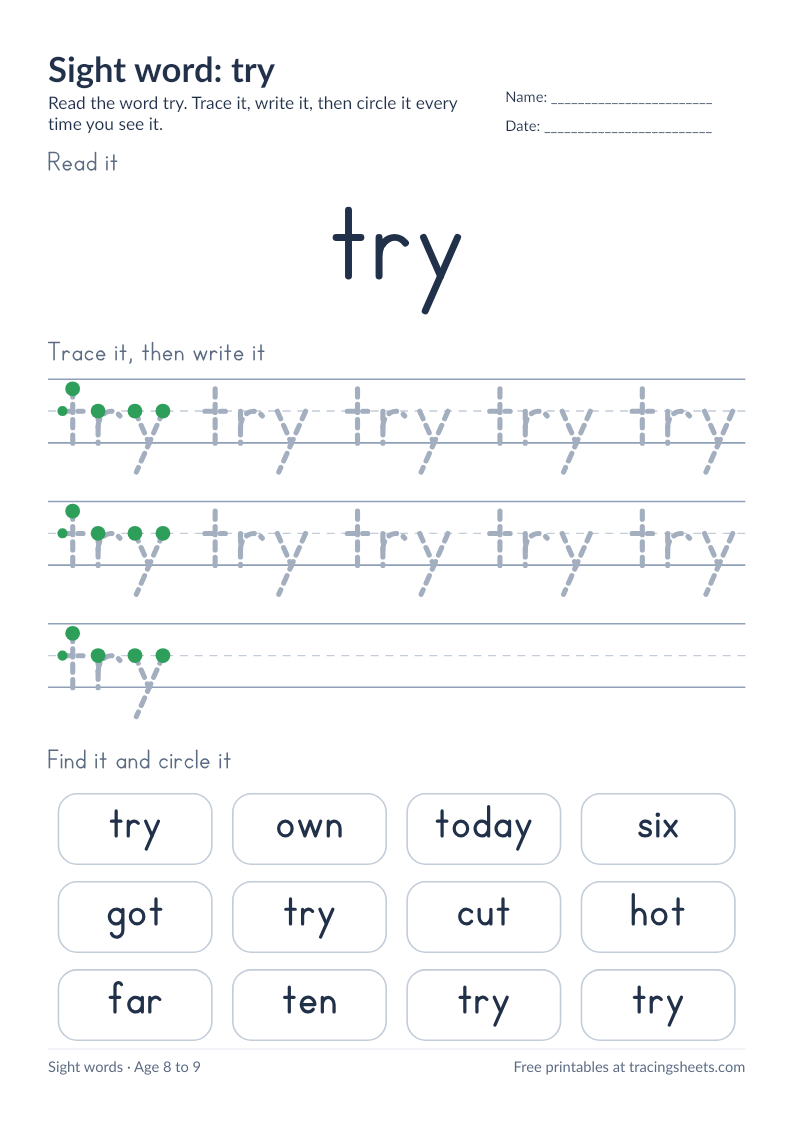Preview of the printable sight word: try worksheet