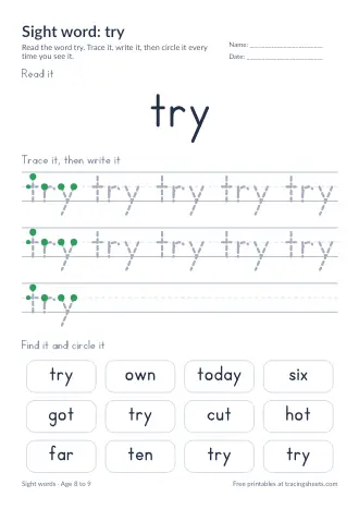 Preview of the sight word: try worksheet