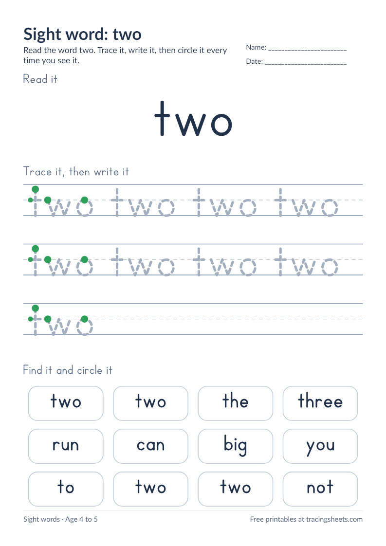 Preview of the printable sight word: two worksheet
