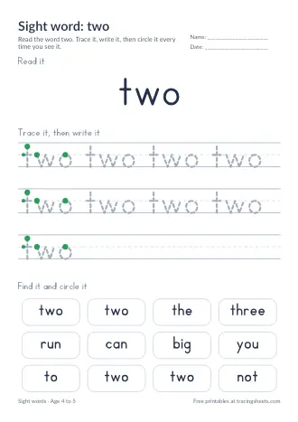 Preview of the sight word: two worksheet