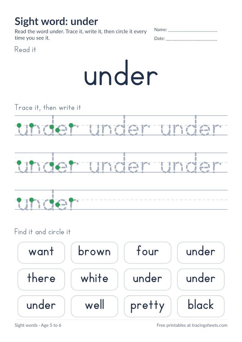 Preview of the printable sight word: under worksheet