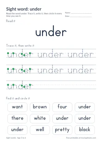 Preview of the sight word: under worksheet