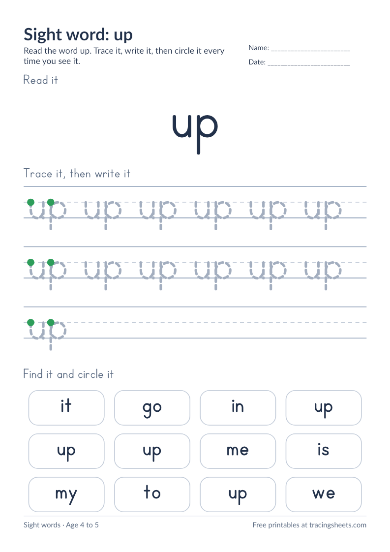 Preview of the printable sight word: up worksheet