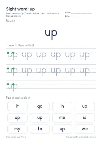 Preview of the sight word: up worksheet