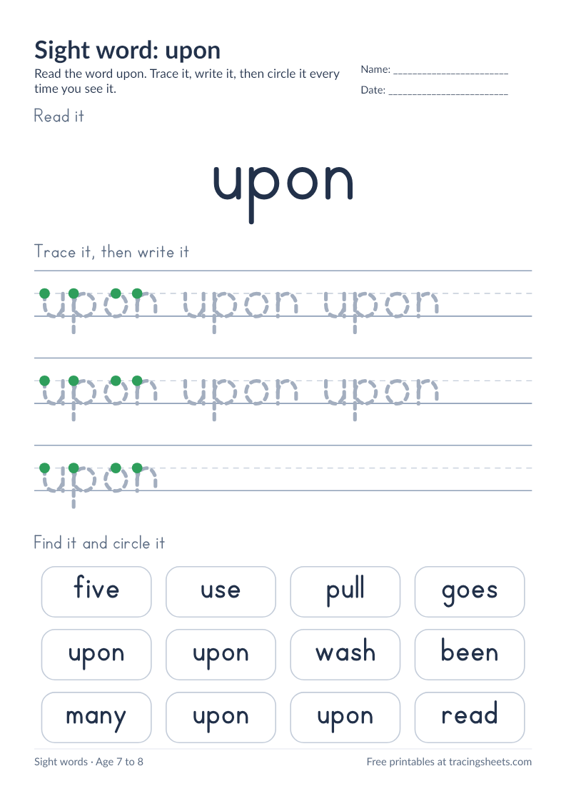 Preview of the printable sight word: upon worksheet