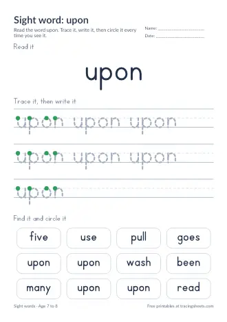 Preview of the sight word: upon worksheet