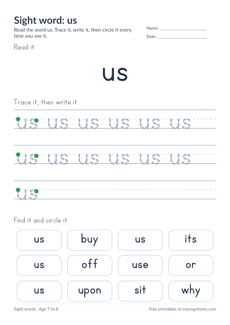 Preview of the printable sight word: us worksheet