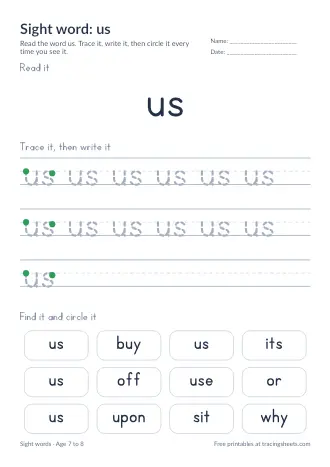 Preview of the sight word: us worksheet