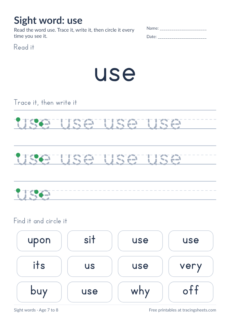 Preview of the printable sight word: use worksheet