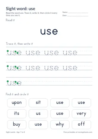 Preview of the sight word: use worksheet