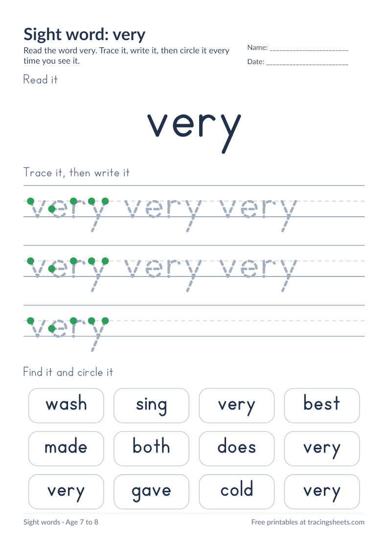 Preview of the printable sight word: very worksheet