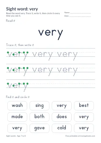 Preview of the sight word: very worksheet