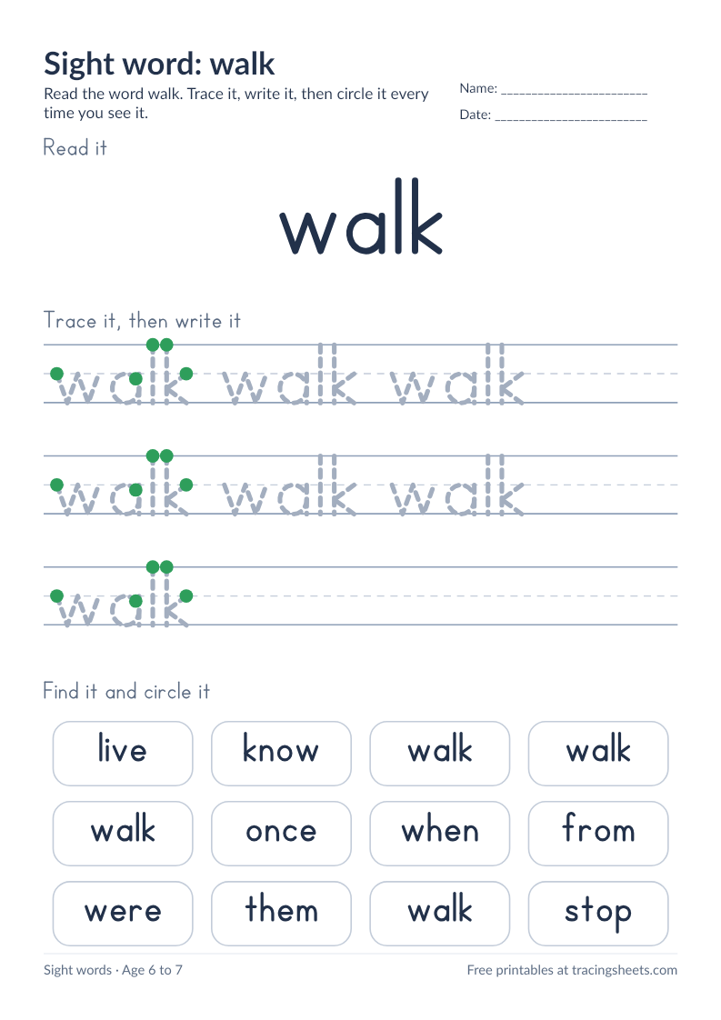 Preview of the printable sight word: walk worksheet
