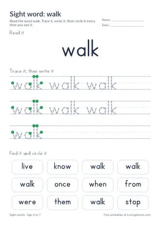 Preview of the sight word: walk worksheet
