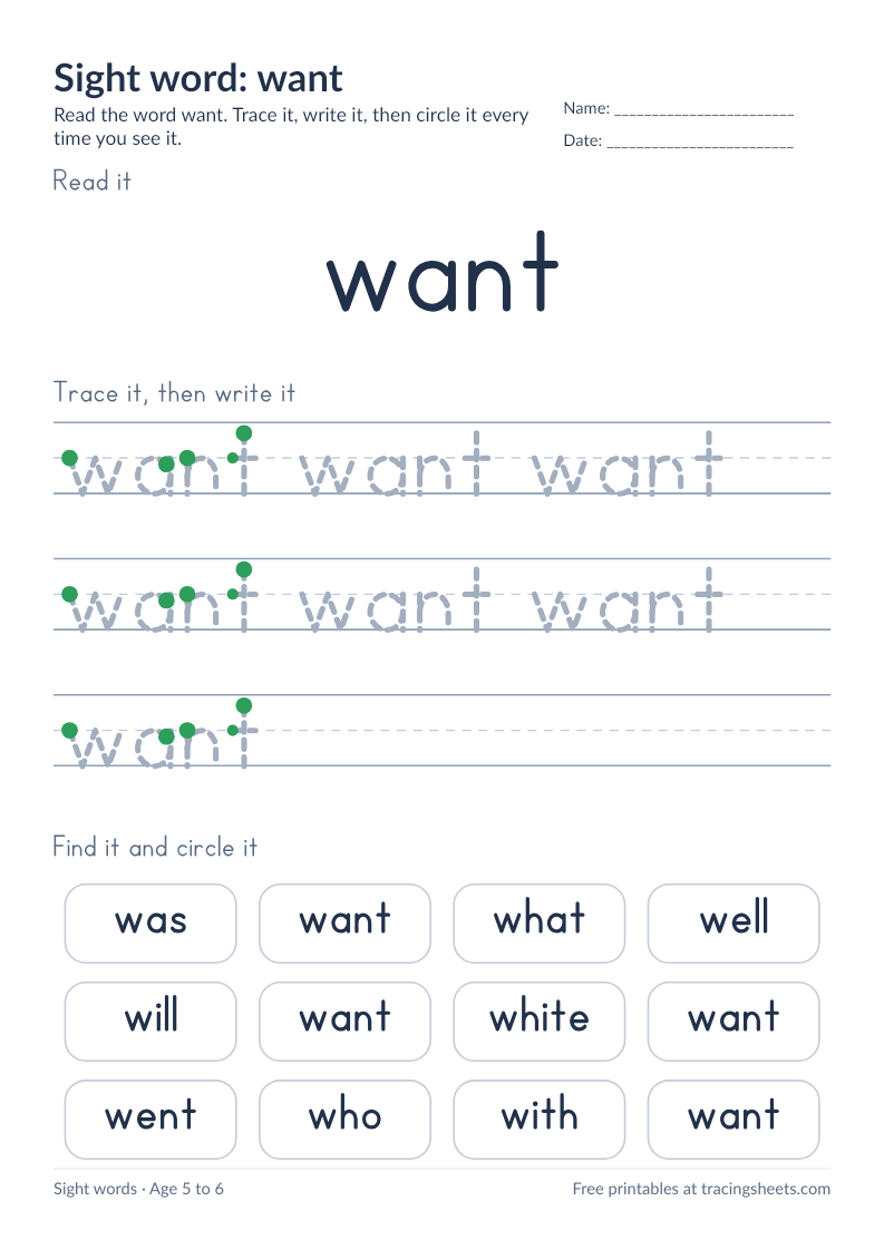 Preview of the printable sight word: want worksheet