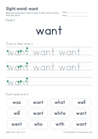 Preview of the sight word: want worksheet