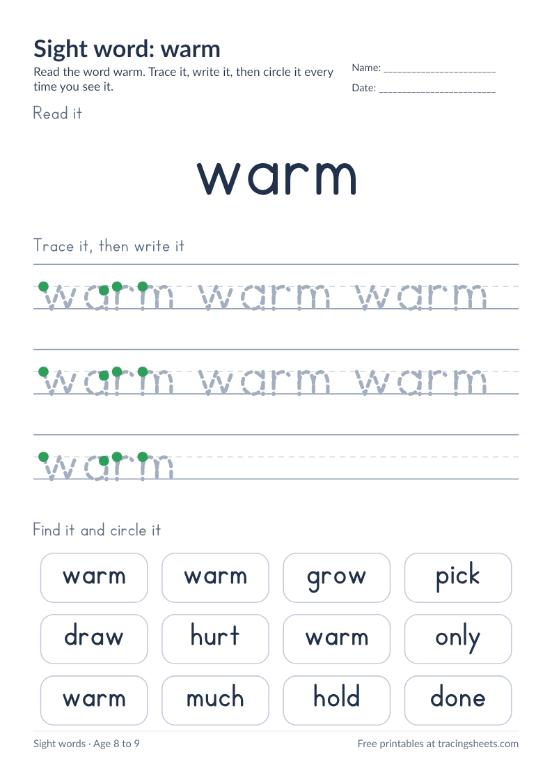 Preview of the printable sight word: warm worksheet