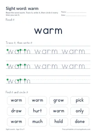 Preview of the sight word: warm worksheet