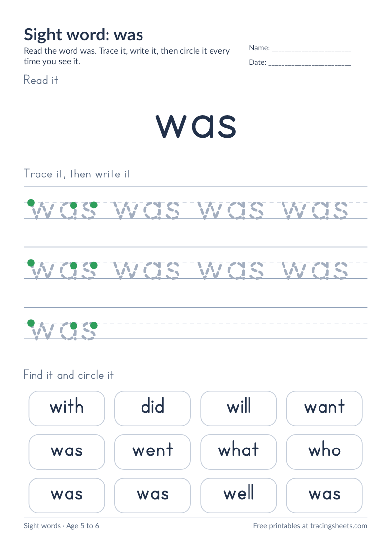 Preview of the printable sight word: was worksheet