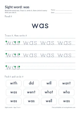 Preview of the sight word: was worksheet