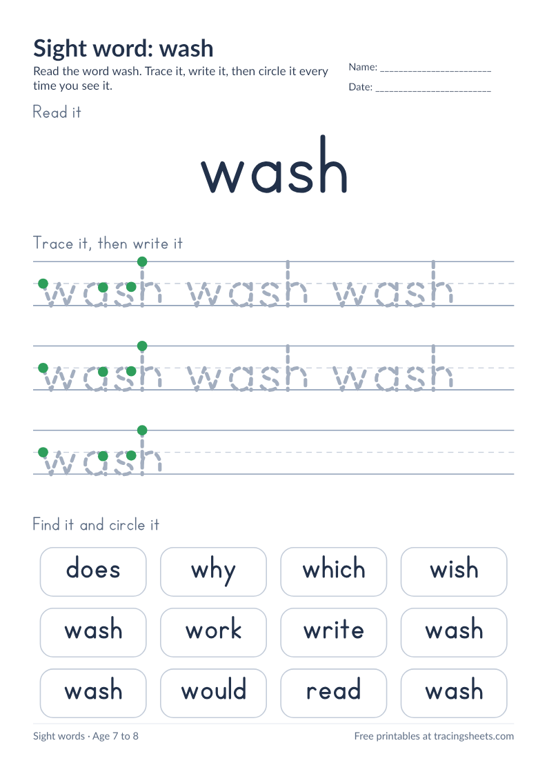 Preview of the printable sight word: wash worksheet