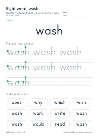 Preview of the sight word: wash worksheet