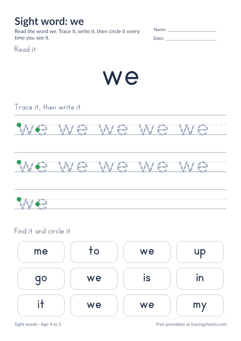 Preview of the printable sight word: we worksheet