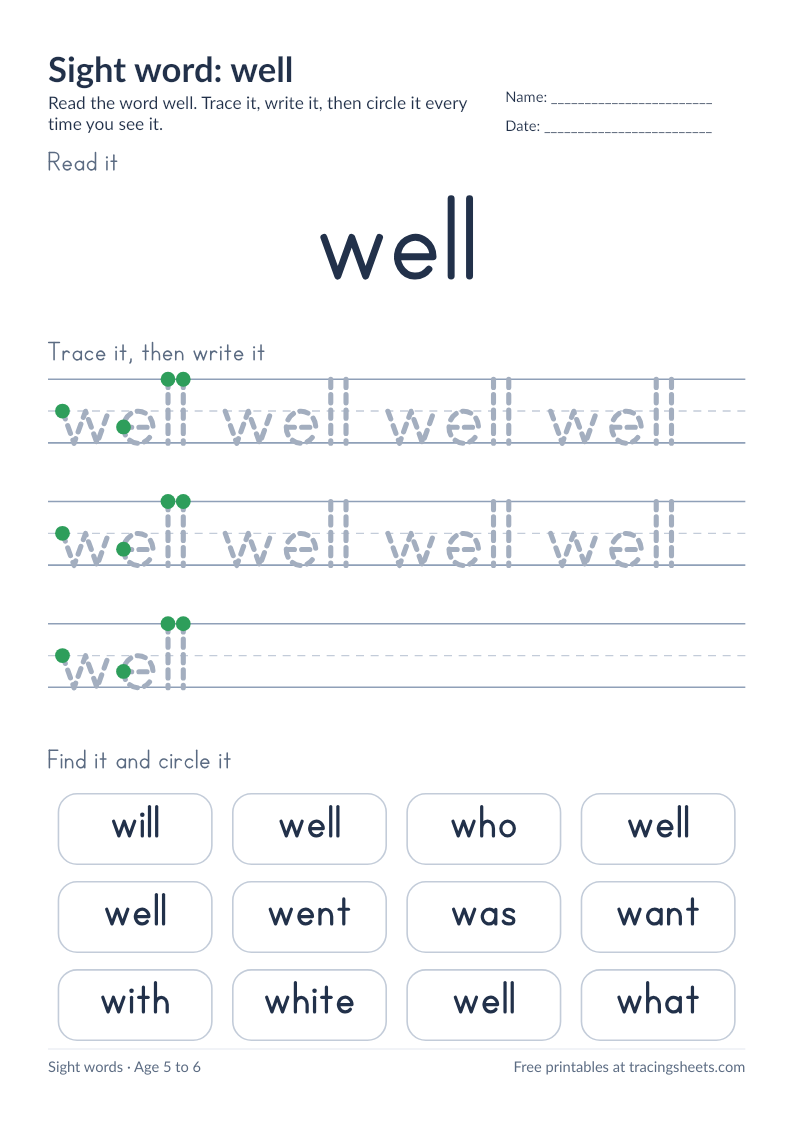 Preview of the printable sight word: well worksheet