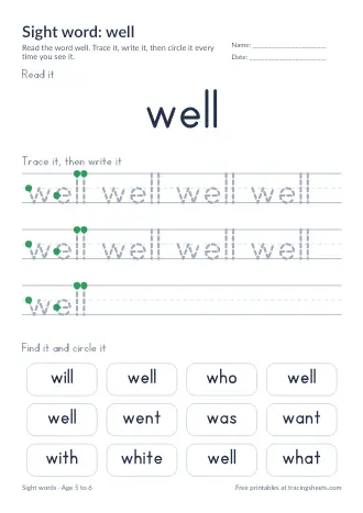 Preview of the sight word: well worksheet