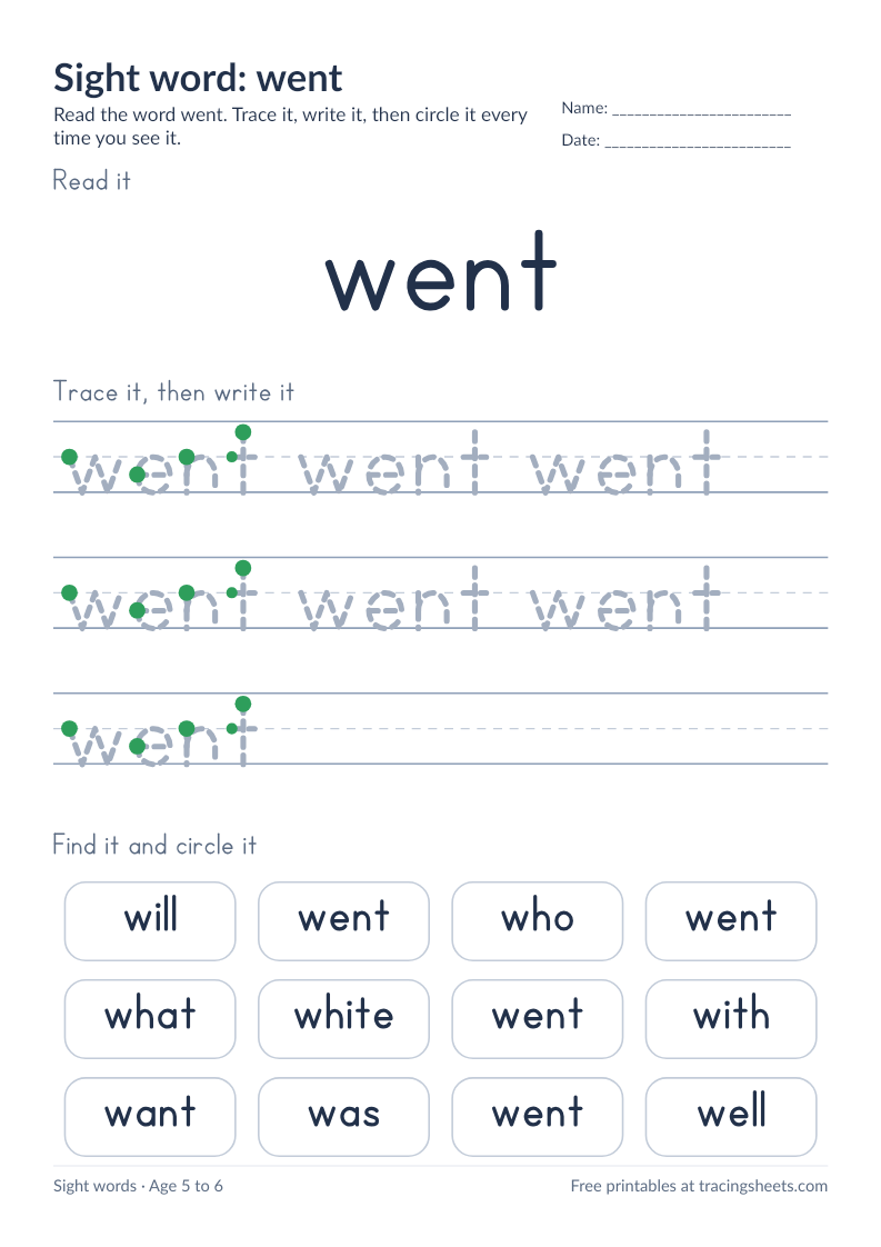 Preview of the printable sight word: went worksheet