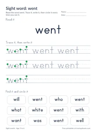 Preview of the sight word: went worksheet