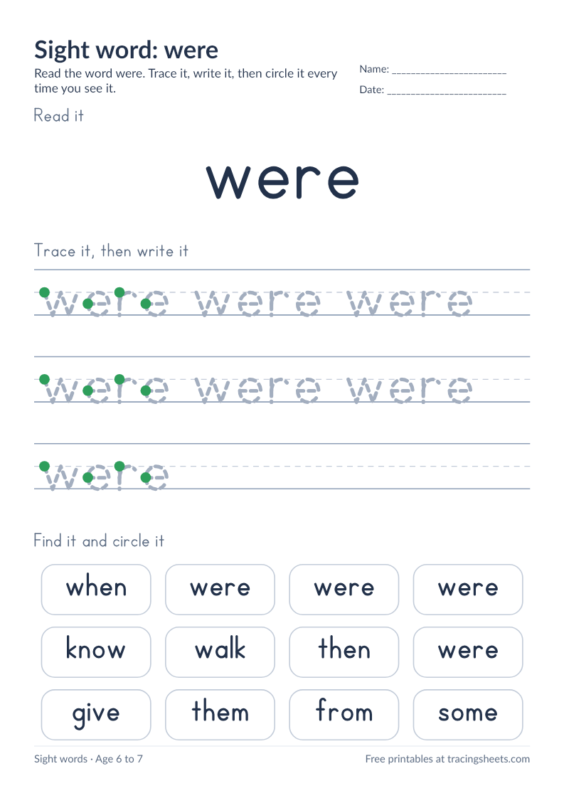 Preview of the printable sight word: were worksheet