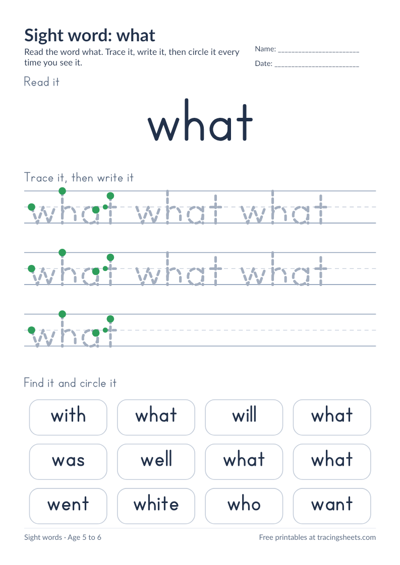 Preview of the printable sight word: what worksheet