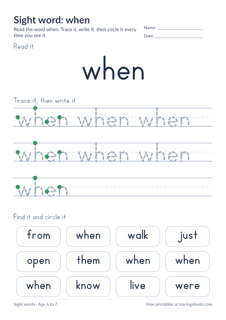 Preview of the printable sight word: when worksheet